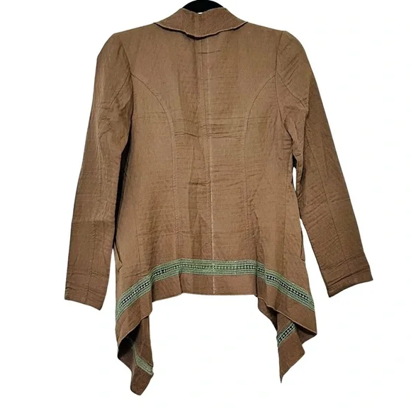 Umgee USA Brown Draped Open Front Cardigan Jacket with Green Crochet Trim Sz M - Picture 3 of 8